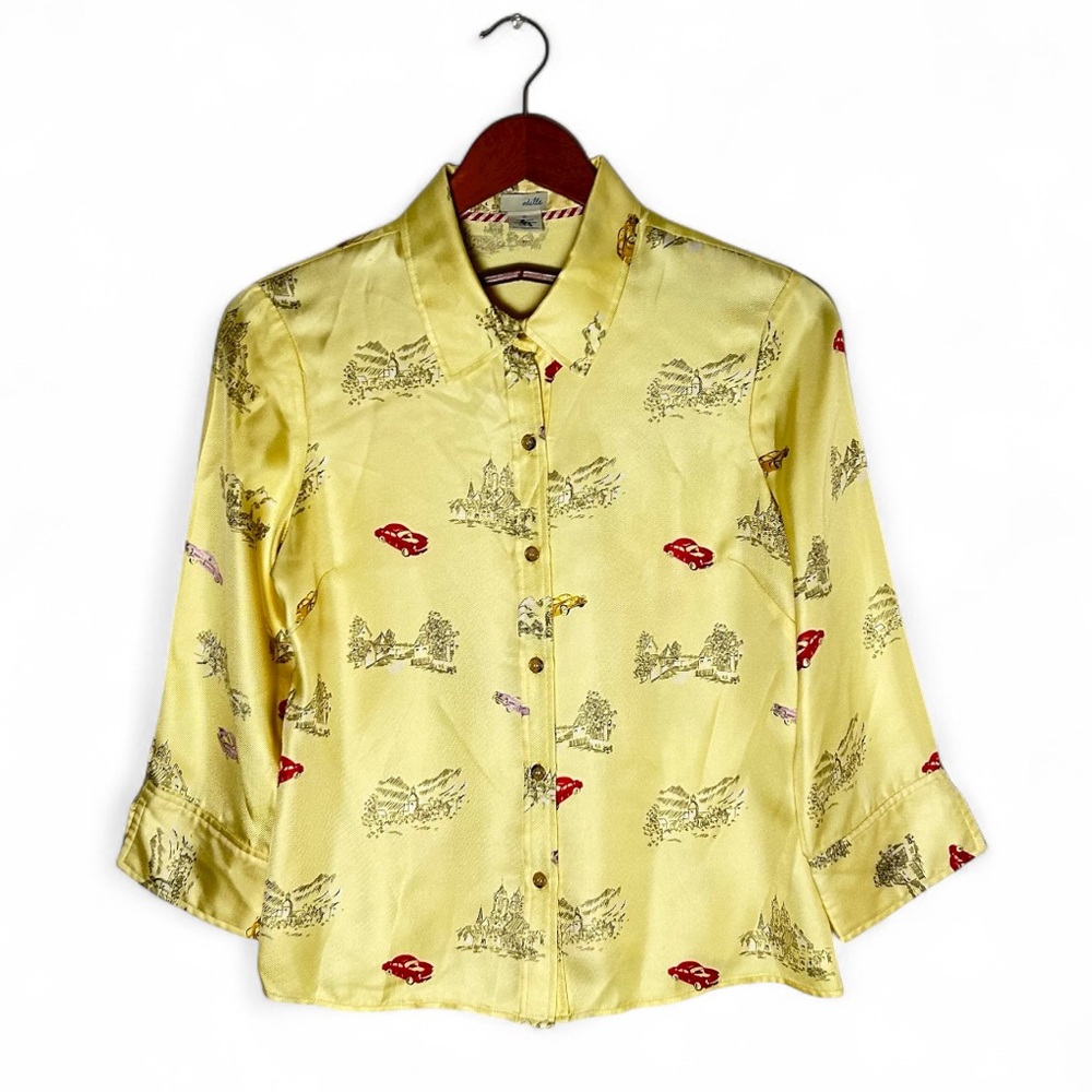Vintage Y2K Odille Silk Blouse Anthropologie Yellow Toile Lip Print Size 6 - Picture 3 of 5
